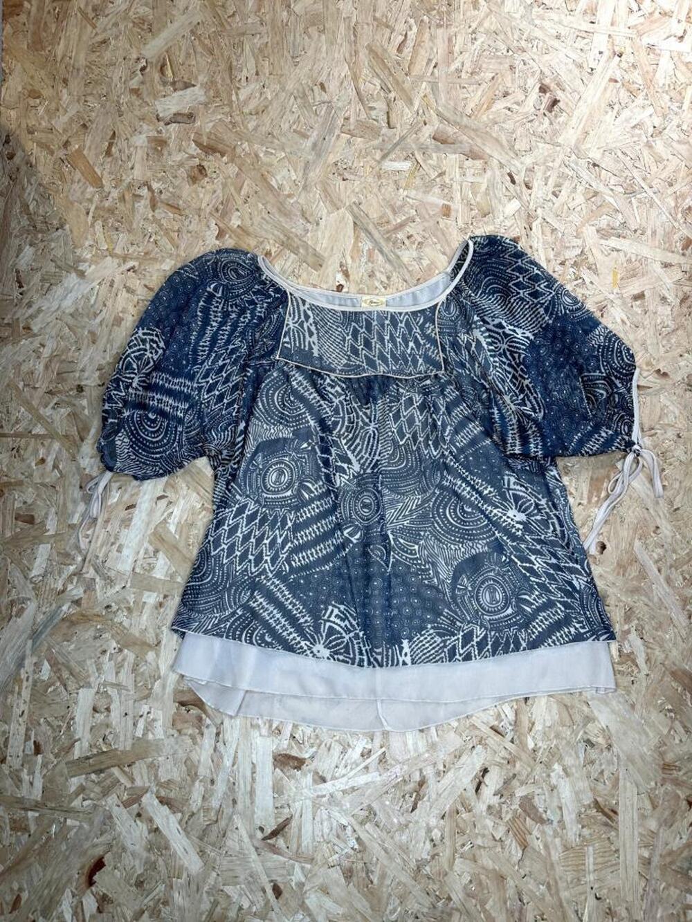 Gemini Blouse Womens XL Blue White Geometric Print Layered Chiffon Top USA Made